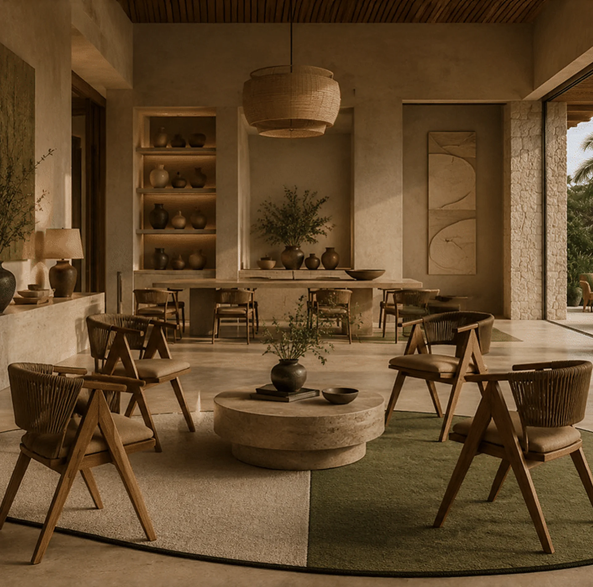 Sala de diseño contemporáneo con mobiliario de madera, sillones y objetos decorativos